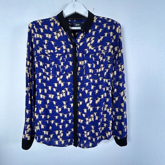 Maeve Womens Penguin Print Button-Up Long Sleeve Blouse Shirt Size 6 Blue Casual - Picture 1 of 8